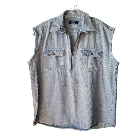Vtg Five Brother Sapko Men 2XL Blue Hickory Stripe Cut Off Work Shirt Distressed - Picture 1 of 8